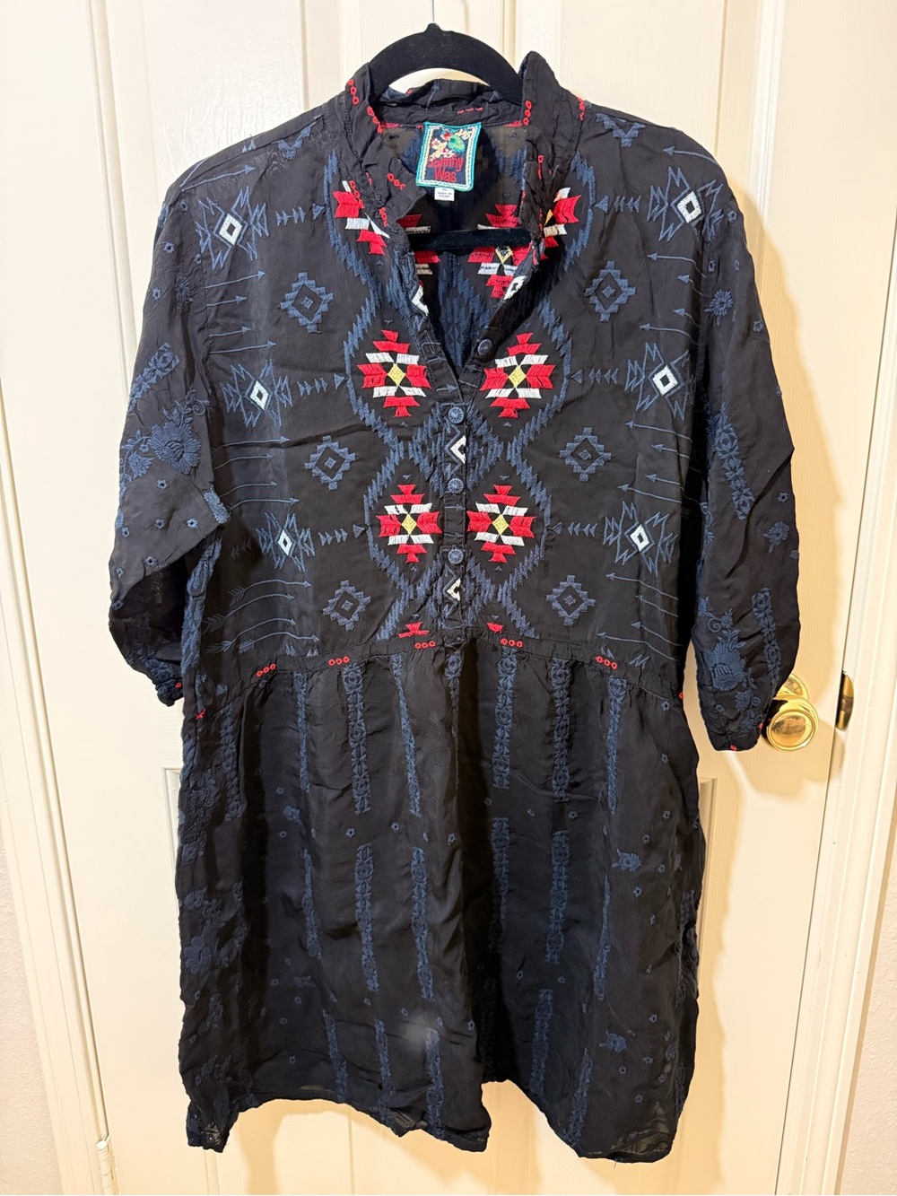 Johnny Was Black Midi Dress with Red and Teal Embroidery Accents